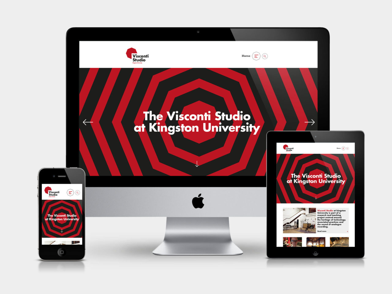 An image to show how the new Visconti branding can look over website design for desktop, mobile and tablet.
