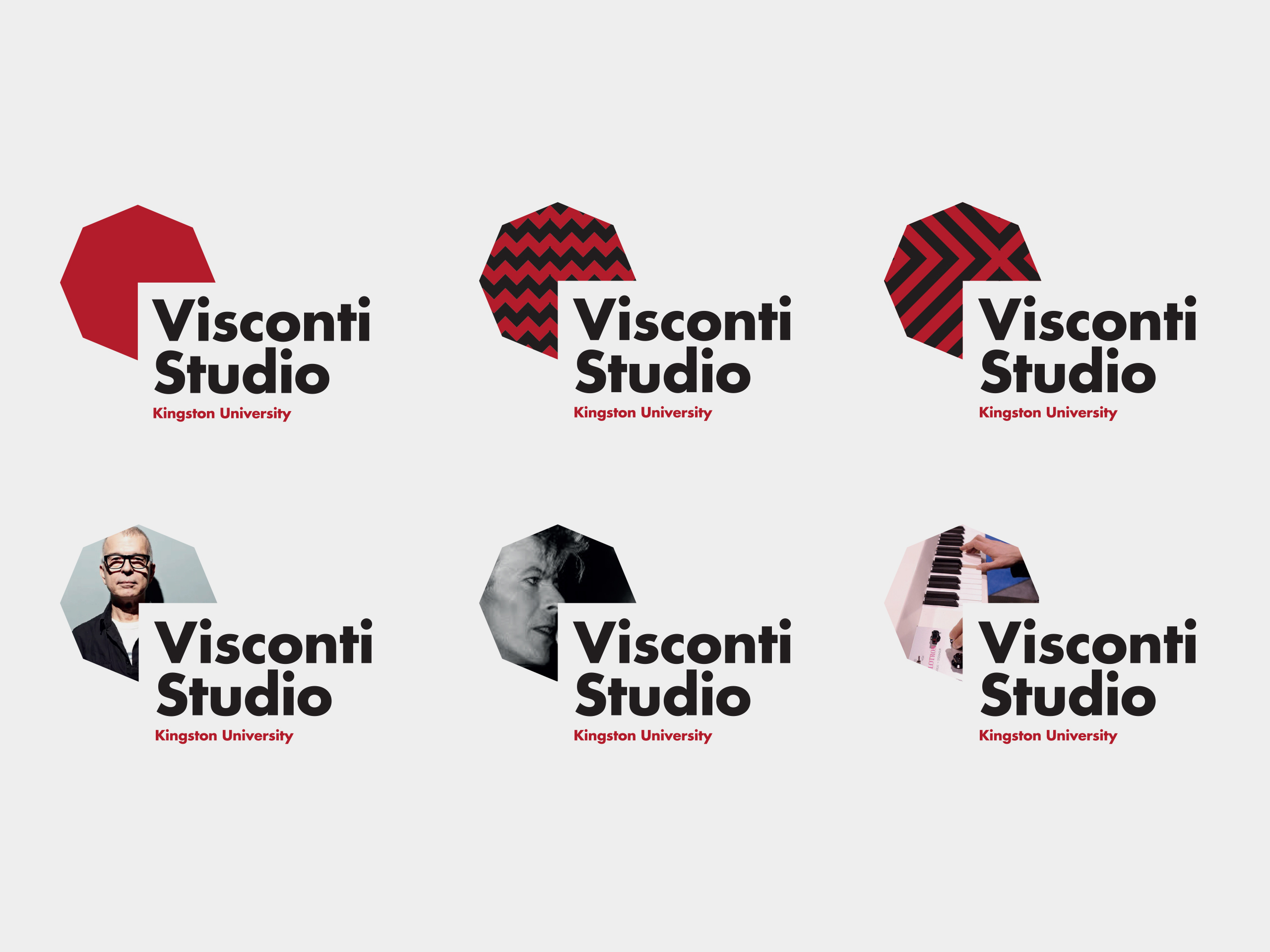 An image to show the different logo lockups; all logos are octagonal in shape but with different imagery within, alongside the Visconti Studio name.