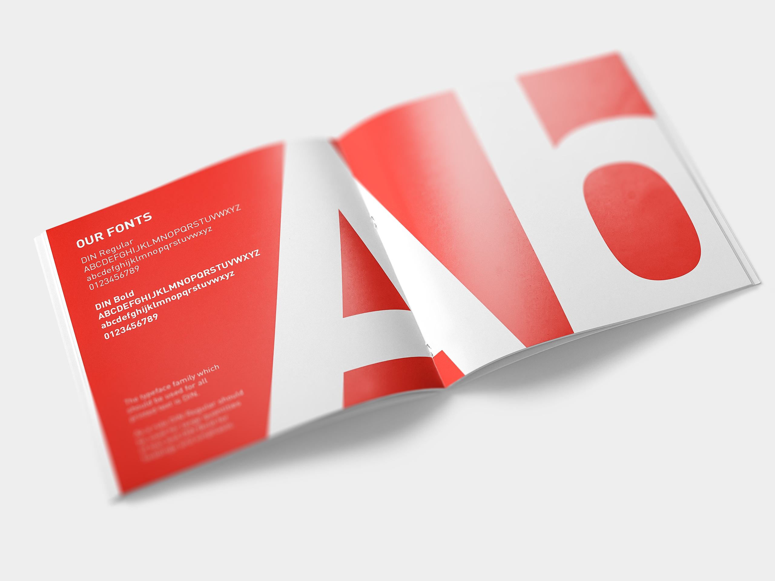 Double spread of the Identity Guidelines showing the application of brand fonts.