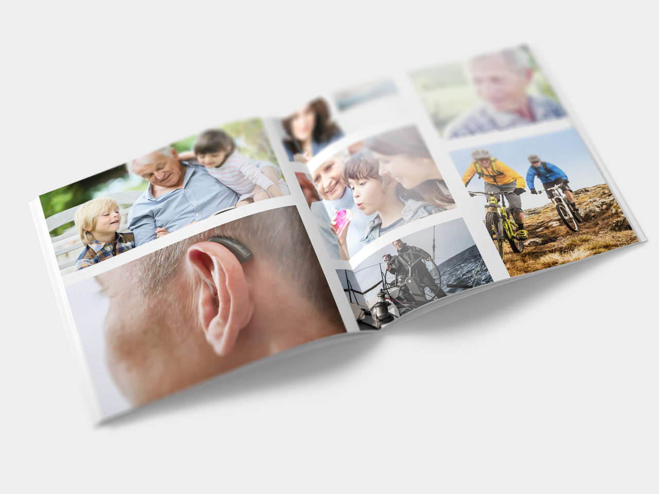 A double spread of photo images from the Identity Guidelines showing people who are using the BIHIMA technology.