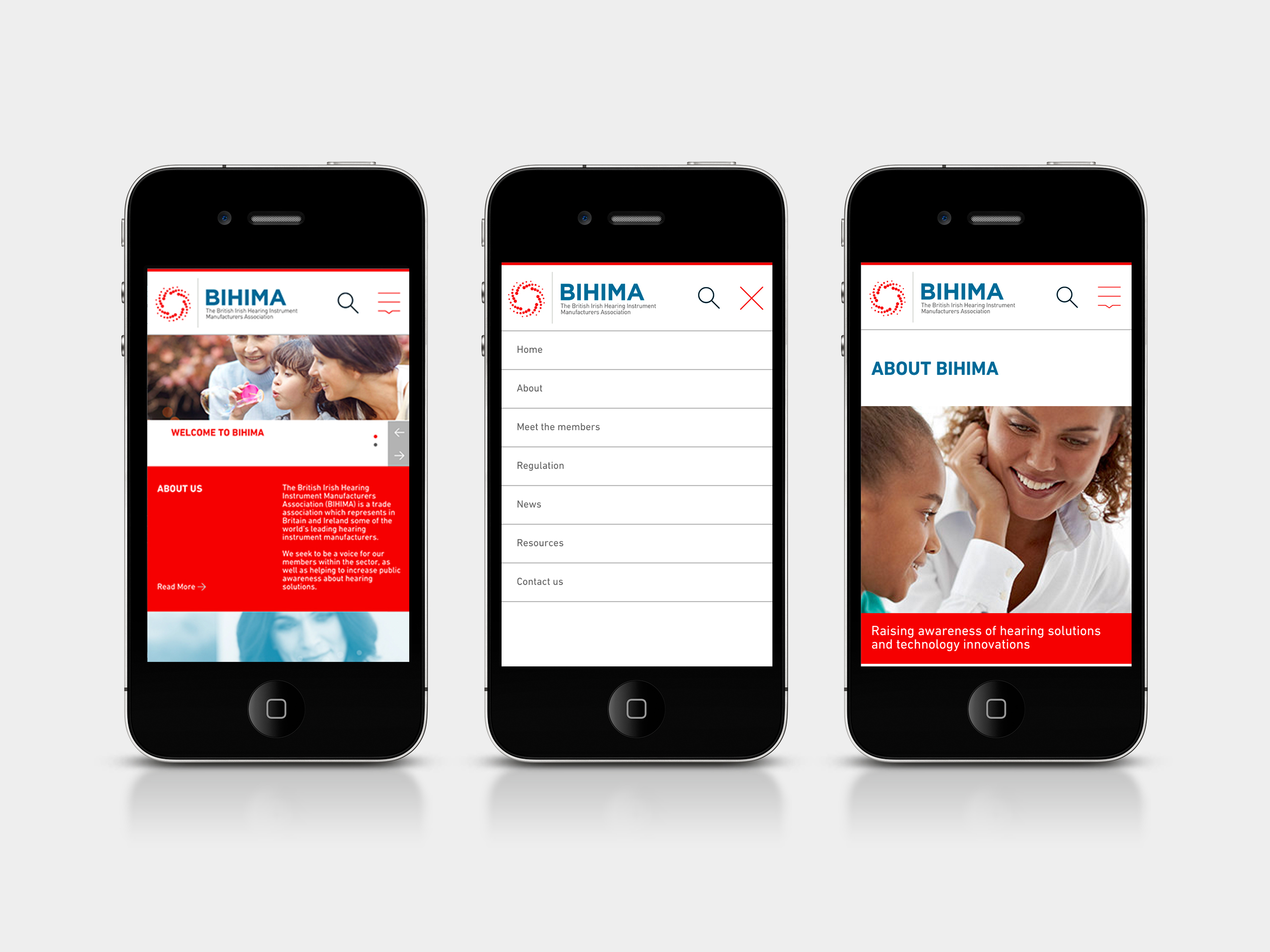 Three mobile phone screens each displaying a different website page from the new BIHIMA website design and build.