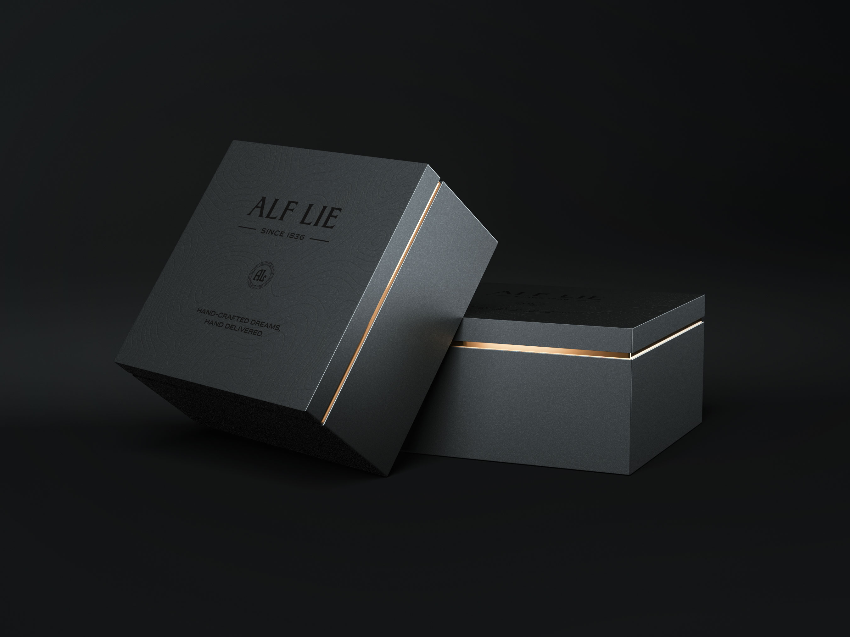 An image of presentation packaging to hold an Alf Lie watch.