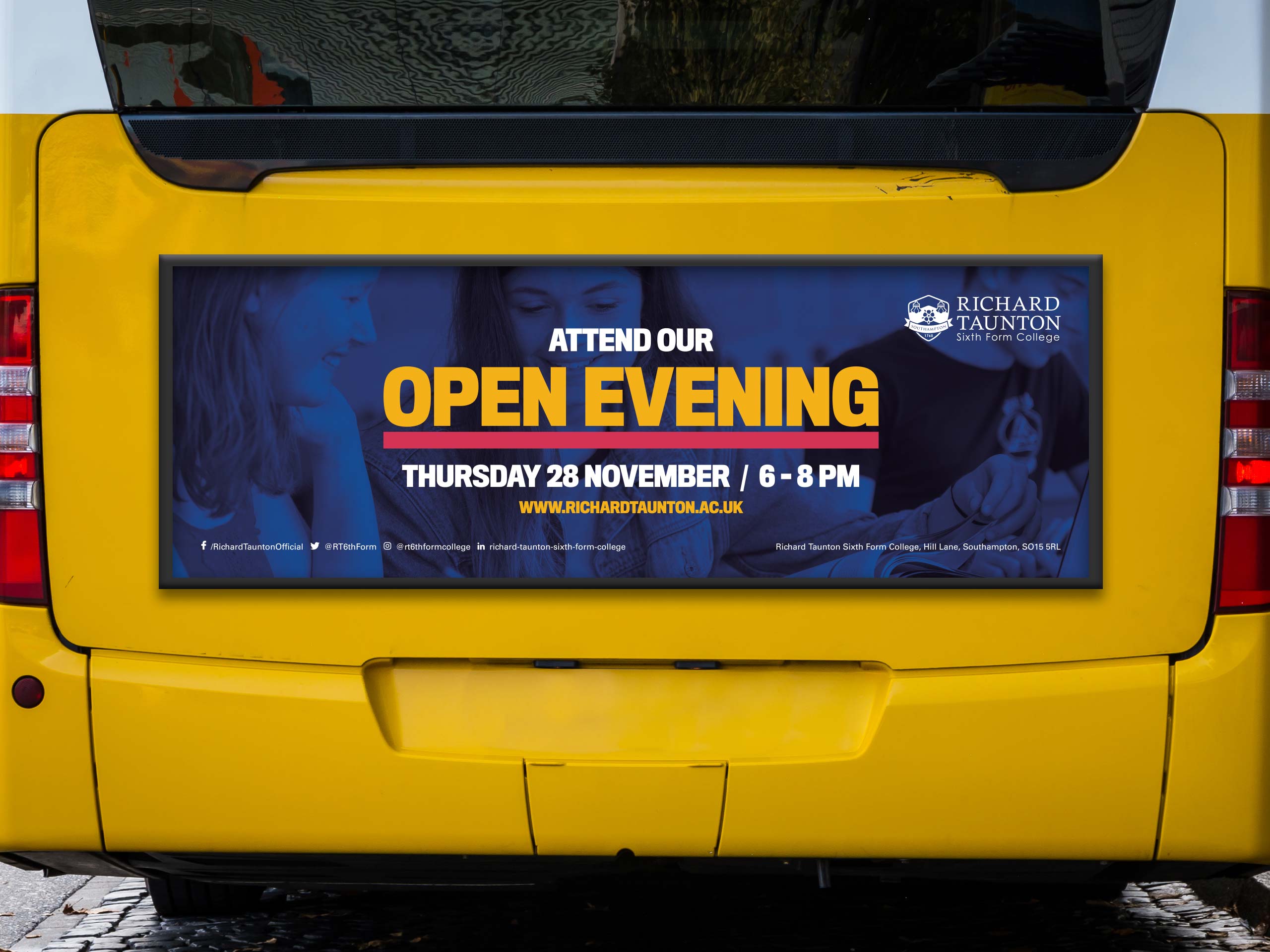 An image to show how an Open Evening event can be advertised on a bus.