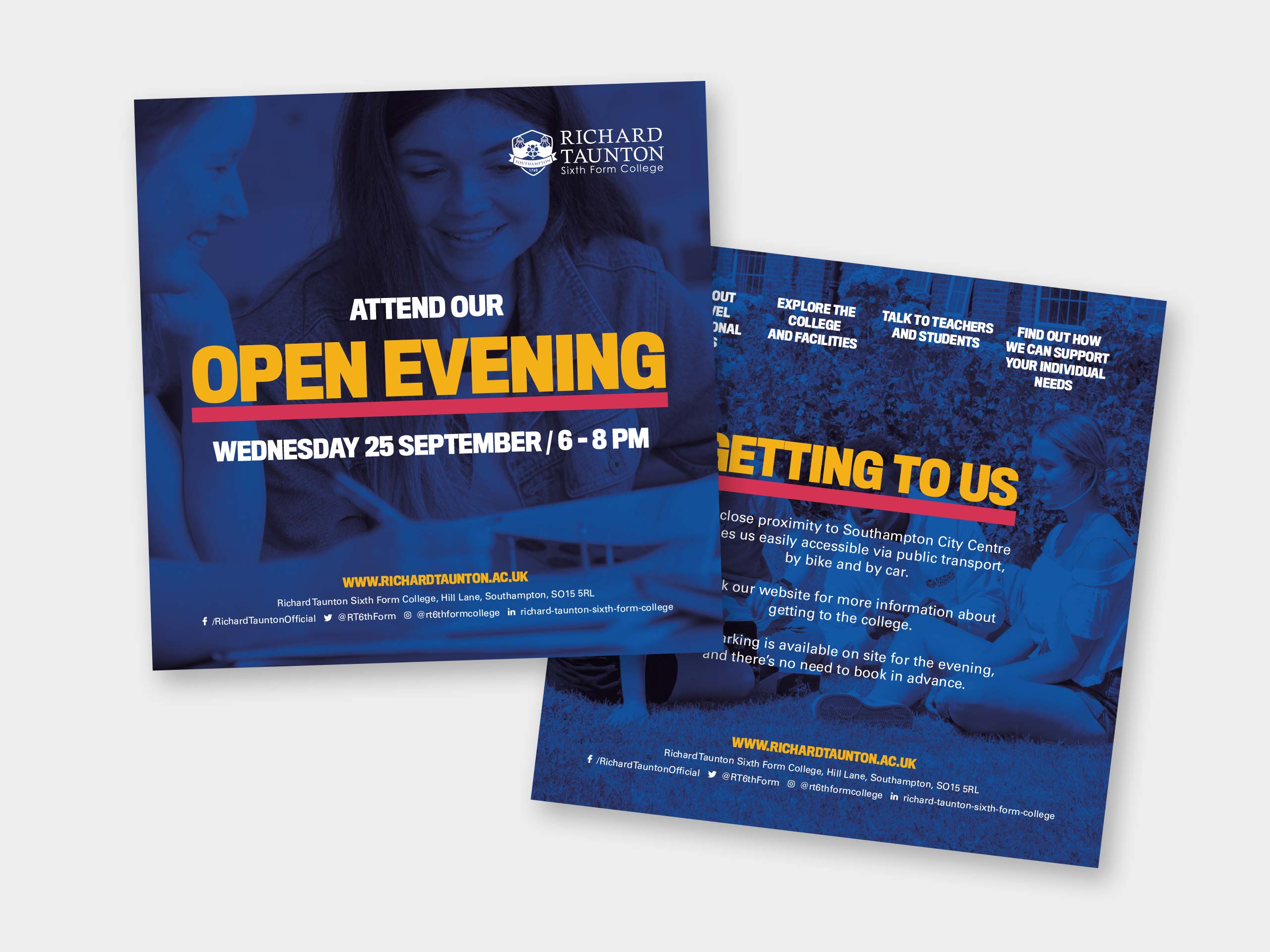 Double sided printed square postcards giving details of sixth form college open evening dates.
