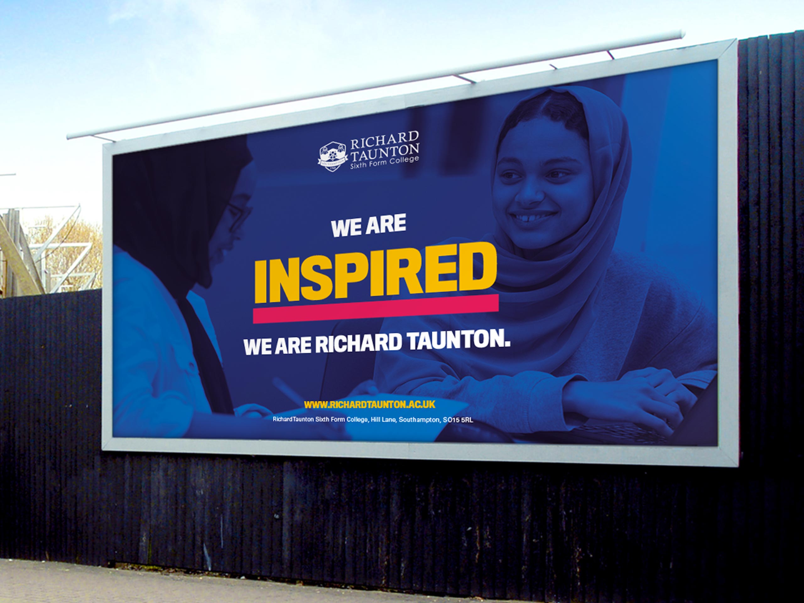 A billboard showing a student and a teacher to advertise the sixth form educational setting.