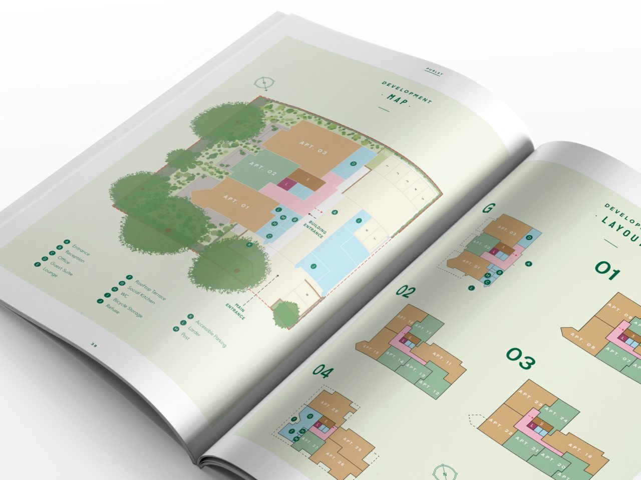 An image to show interior spreads from a branded brochure. Image includes site map, floor plates and floor plans.