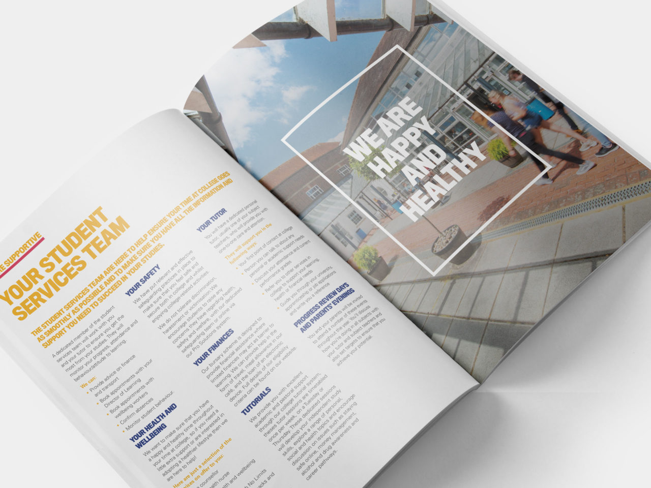 Further interior spreads of educational prospectus; to include text and photo of college quad.