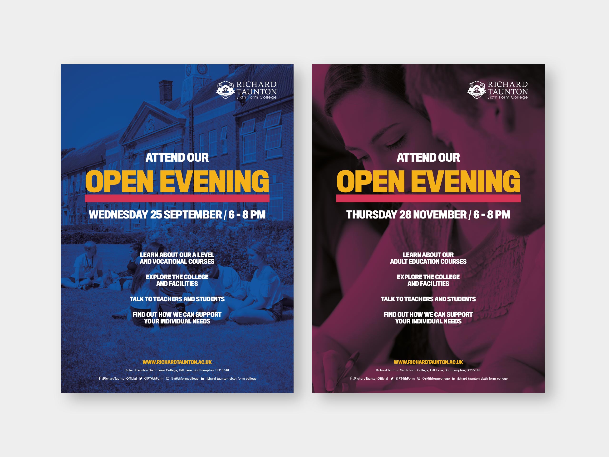 Side by side posters of sixth form and adult education opening evenings.