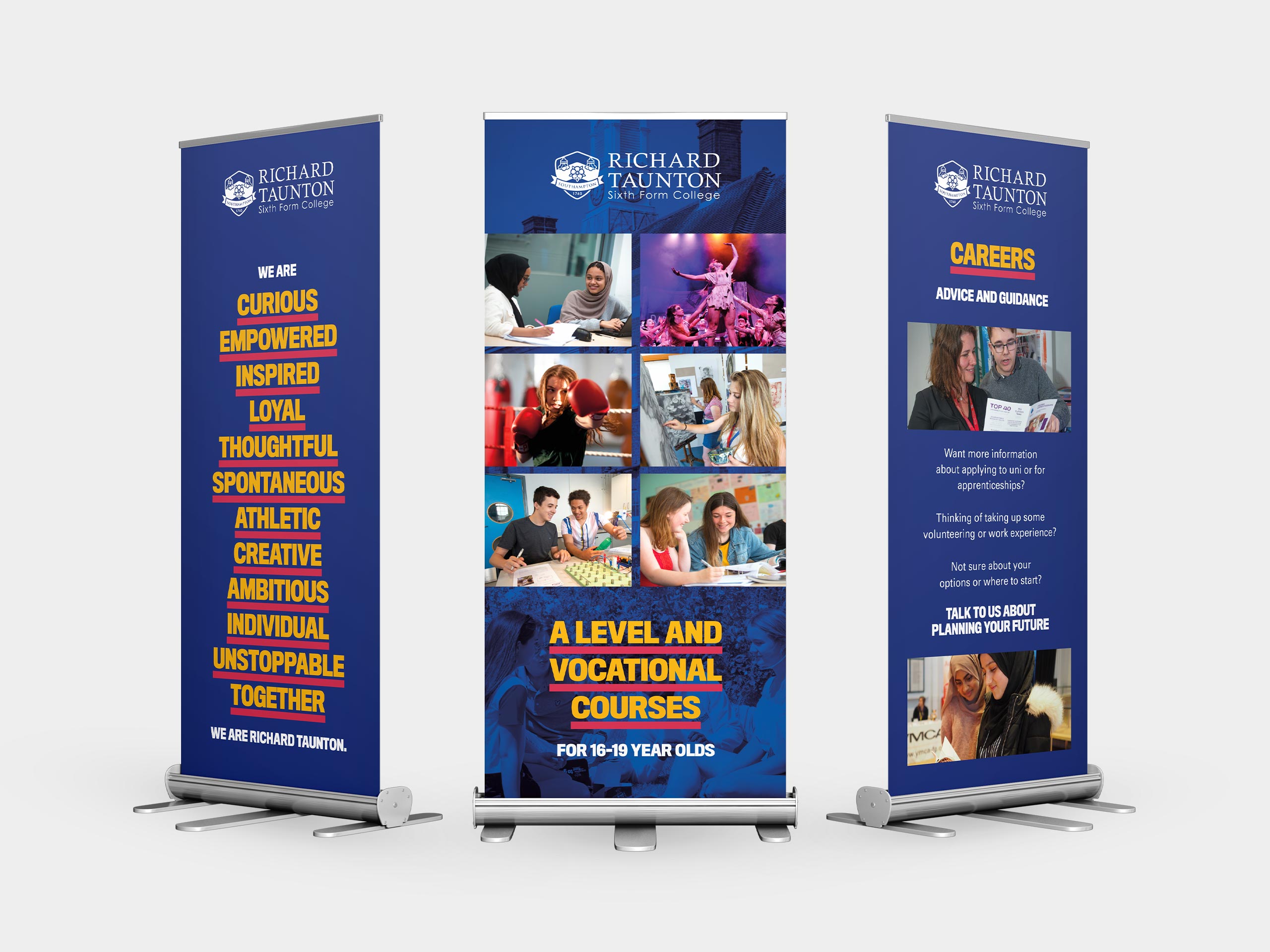 Three pull up banners to highlight what is on offer at Richard Taunton Sixth Form College.