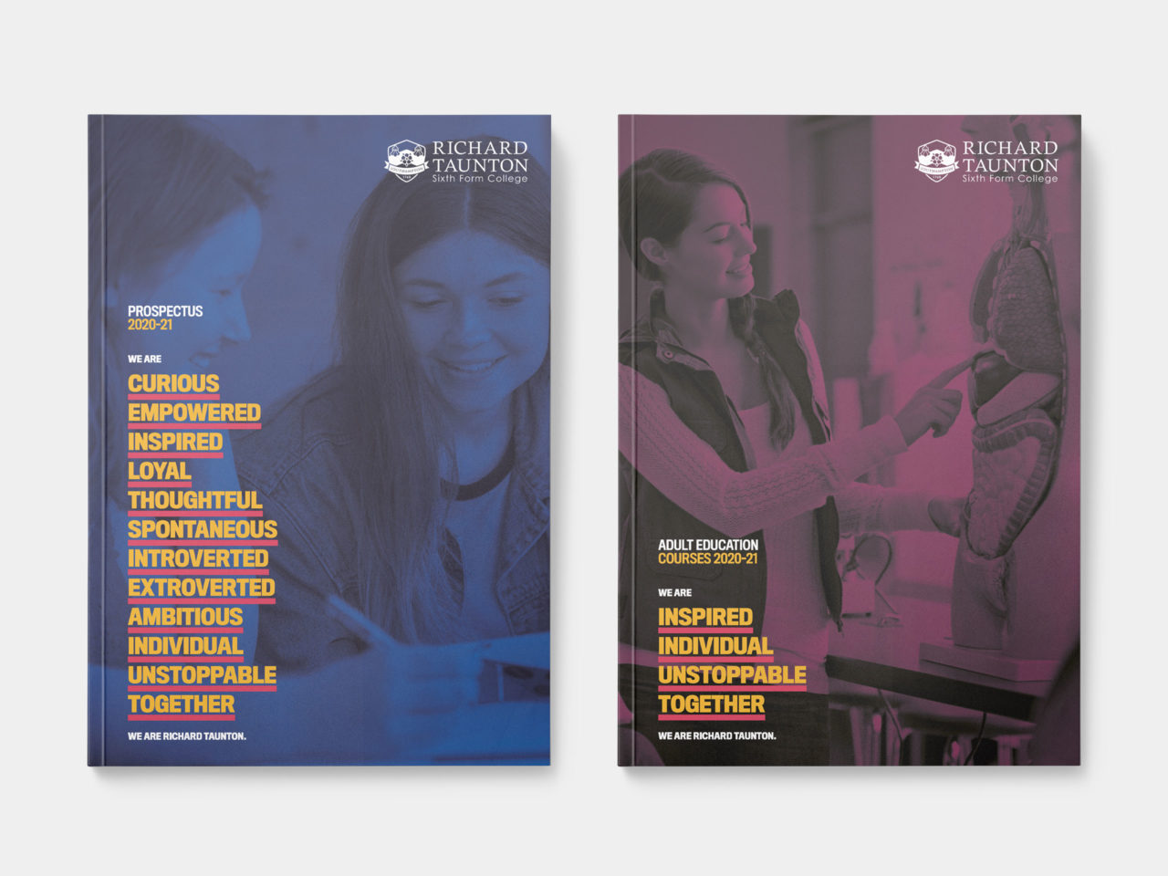 Two educational brochure covers; one for sixth form and one for adult education.