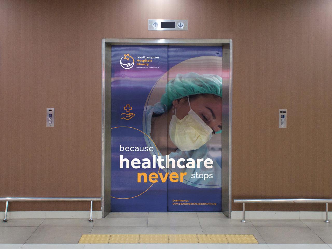 An image to show how the brand messaging and imagery could be applied to elevator doors.