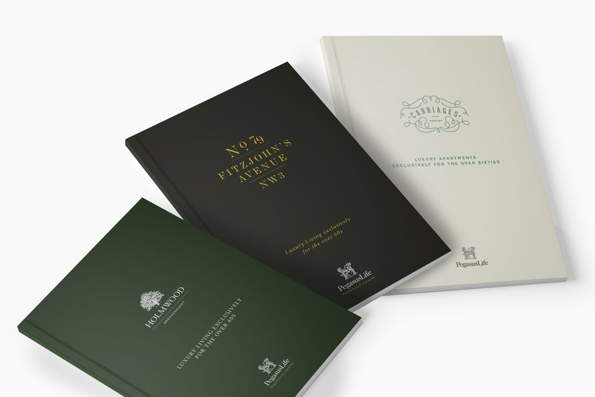 An image to show individually branded brochure front covers for three different developments.