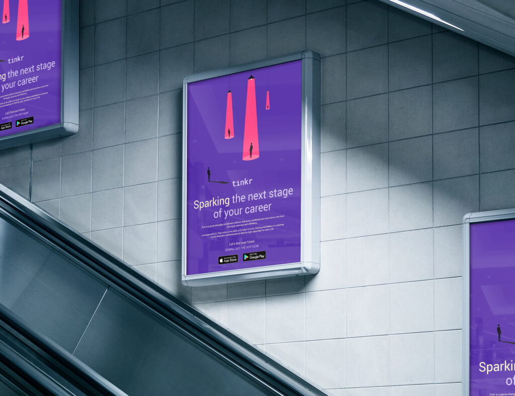 An image to show how the design could be used on a branded poster; shows three people in spotlights.