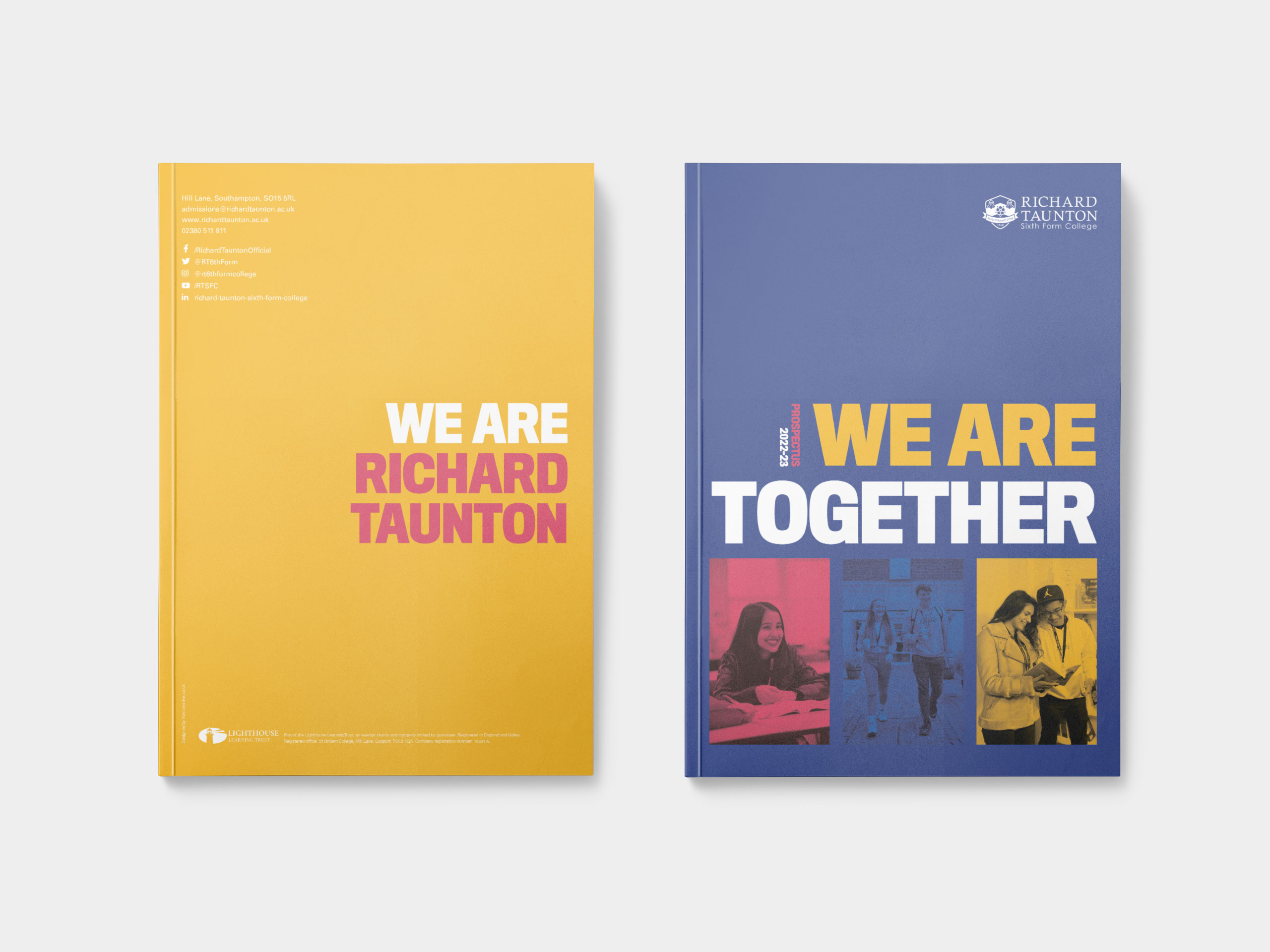 Two branded prospectus covers for a sixth form education setting.