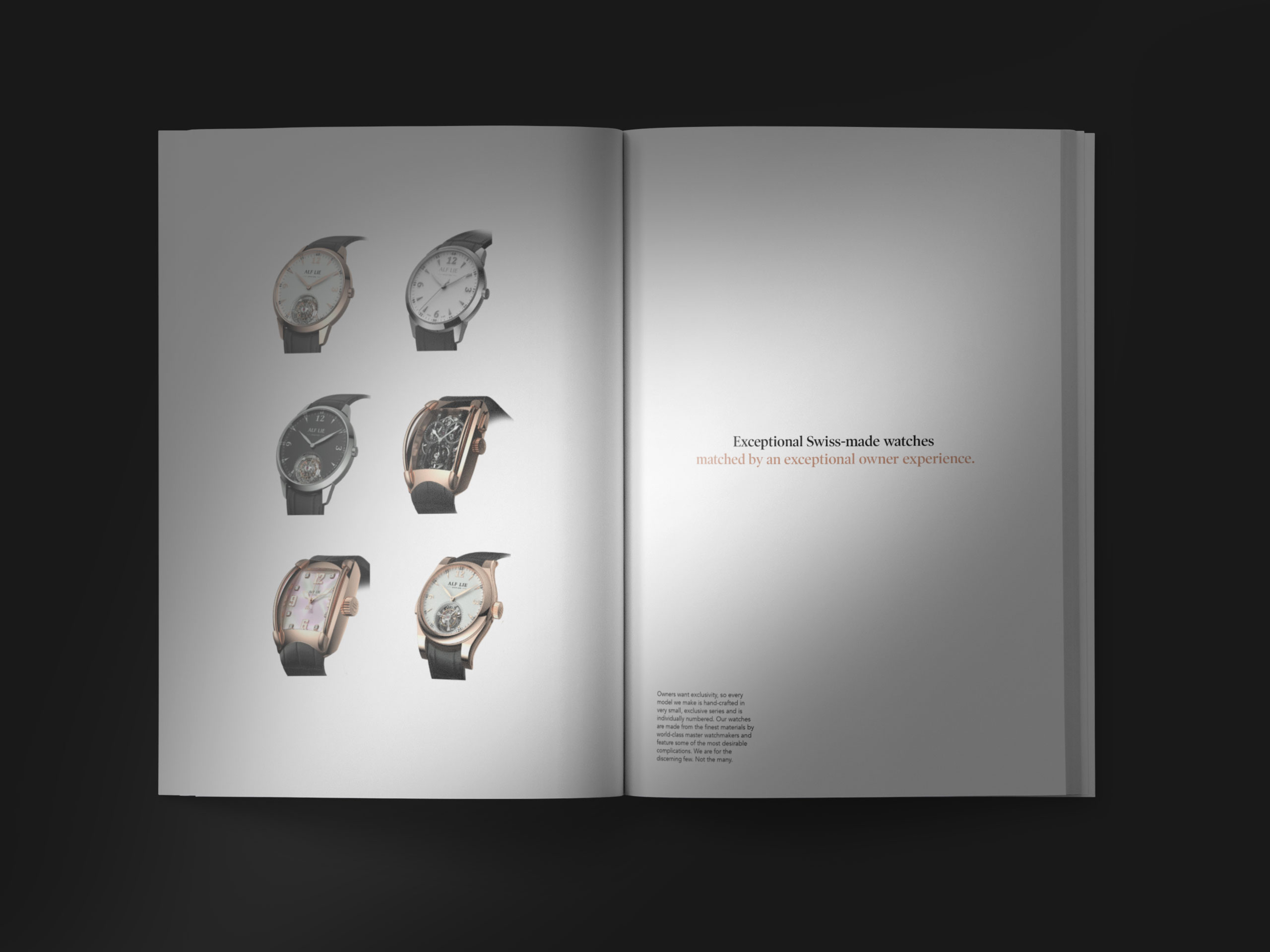An image of spreads from a branded Alf Lie brochure, showing Swiss made watches.