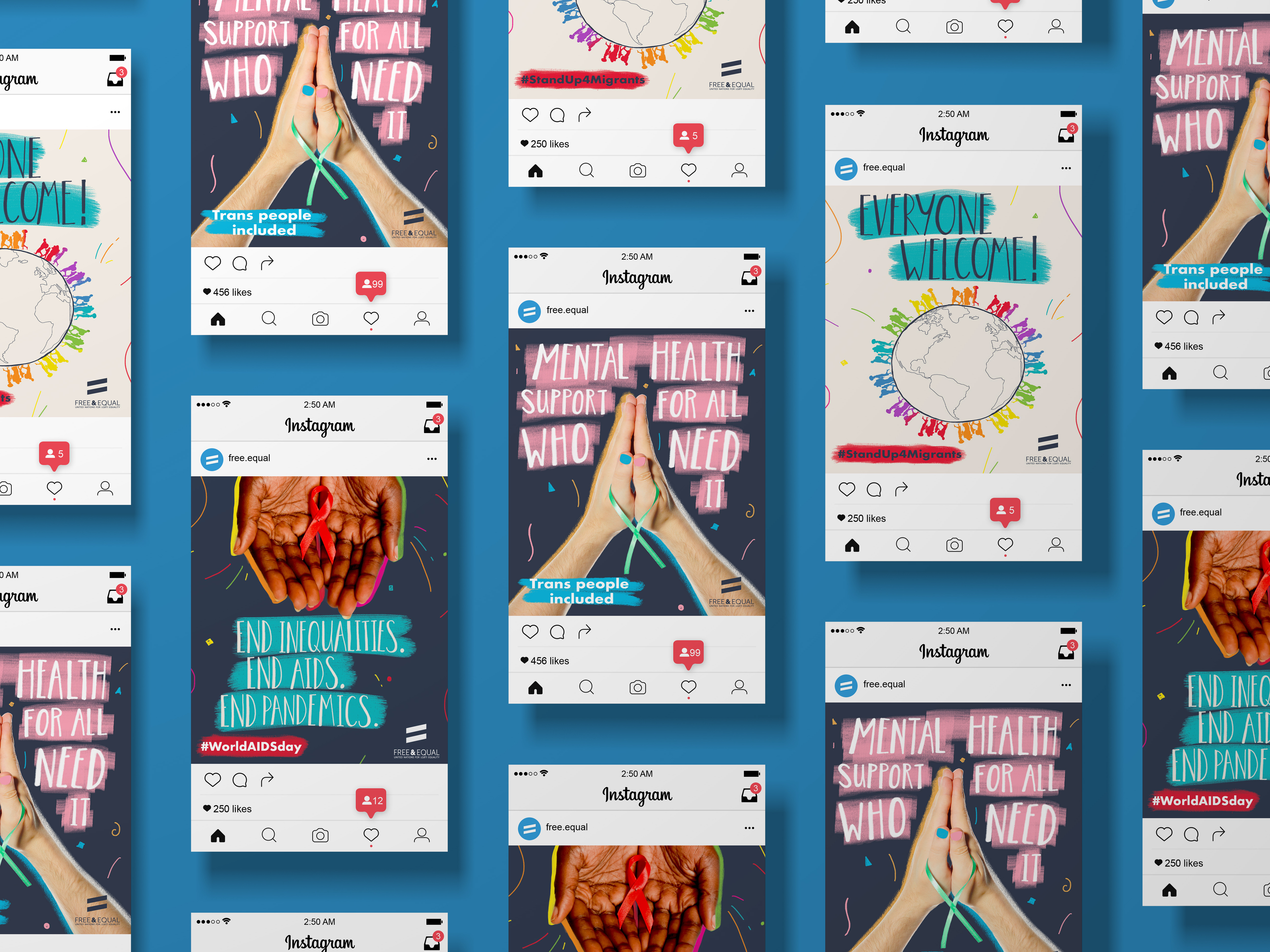 An image of different social posts highlighting the Free and Equal campaign.