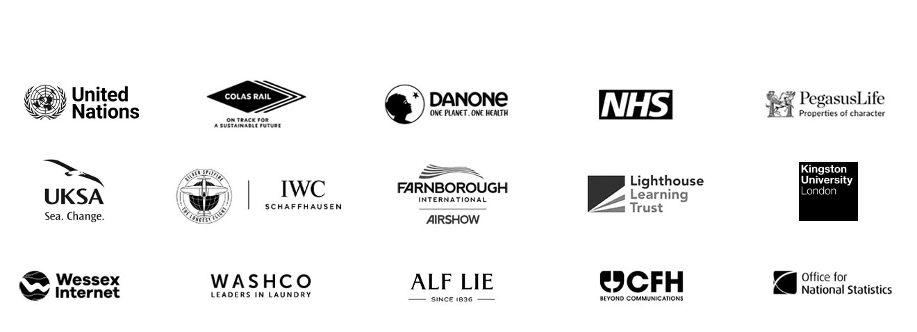 Desktop Image of our client partners logos showing the brands we work with: United Nations, Colas Rail, UKSA, Silver Spitfire, Wessex Internet, WashCo, NHS, Danone, AlfLie, CFH, OFS, Kingston University, FIA, PegasusLife